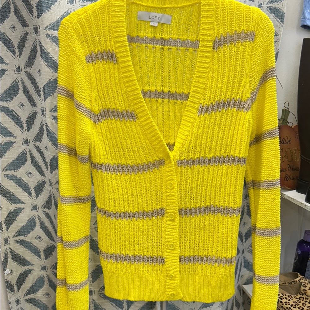 LOFT Vibrant Yellow and Gray Striped Cardigan